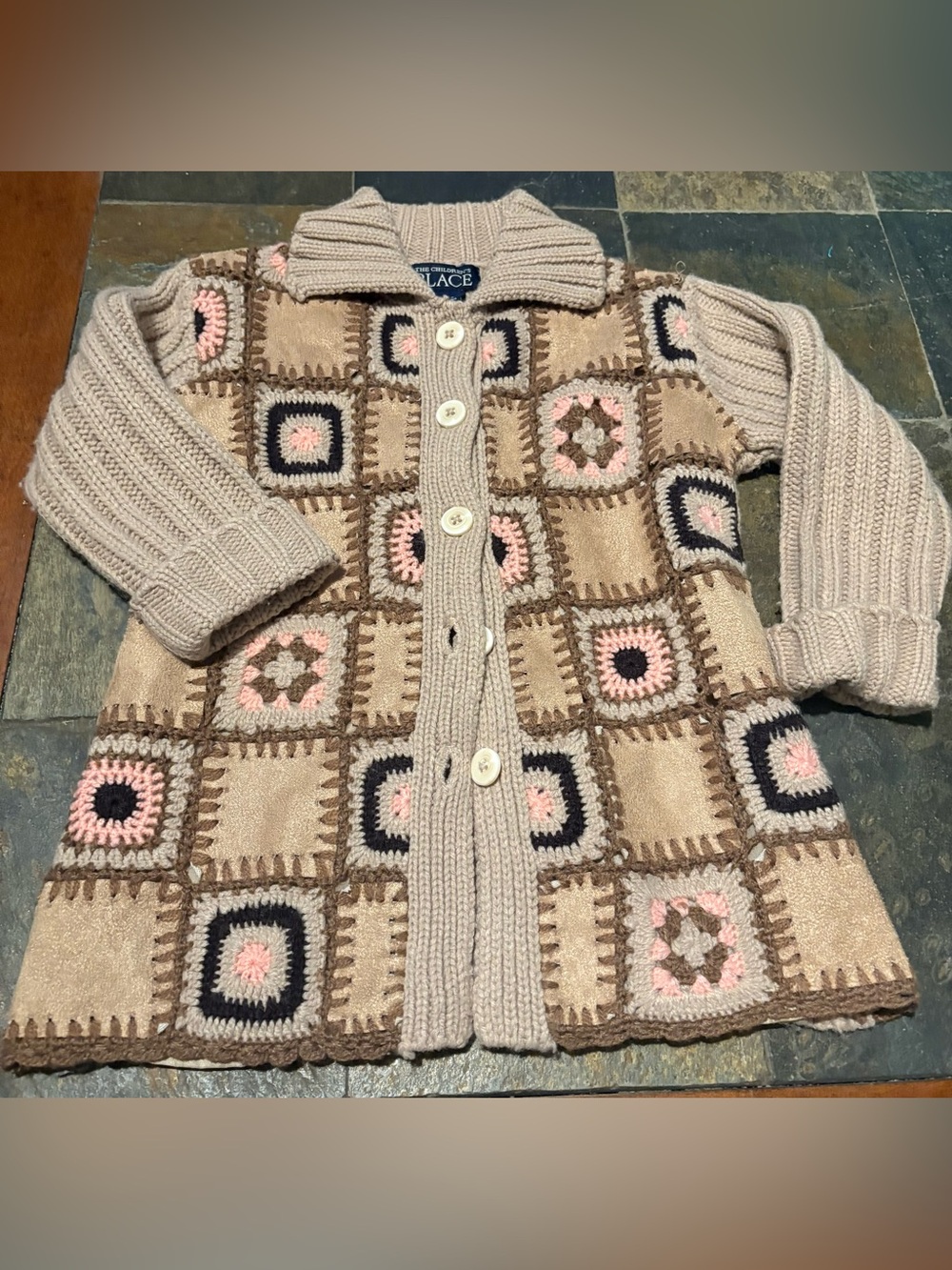 The Children's Place Girls' Beige Crochet Patchwork Cardigan Sweater